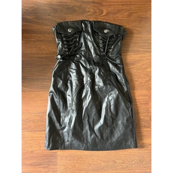 Forever 21 Black Faux Leather Strapless Mini Dress M Lace Up Corset Y2K Punk - Picture 1 of 5